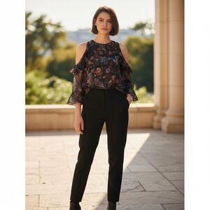 IRO Ciclan 100% Silk Cold Shoulder Blouse Women's Size 38 6 Dark Floral Romantic